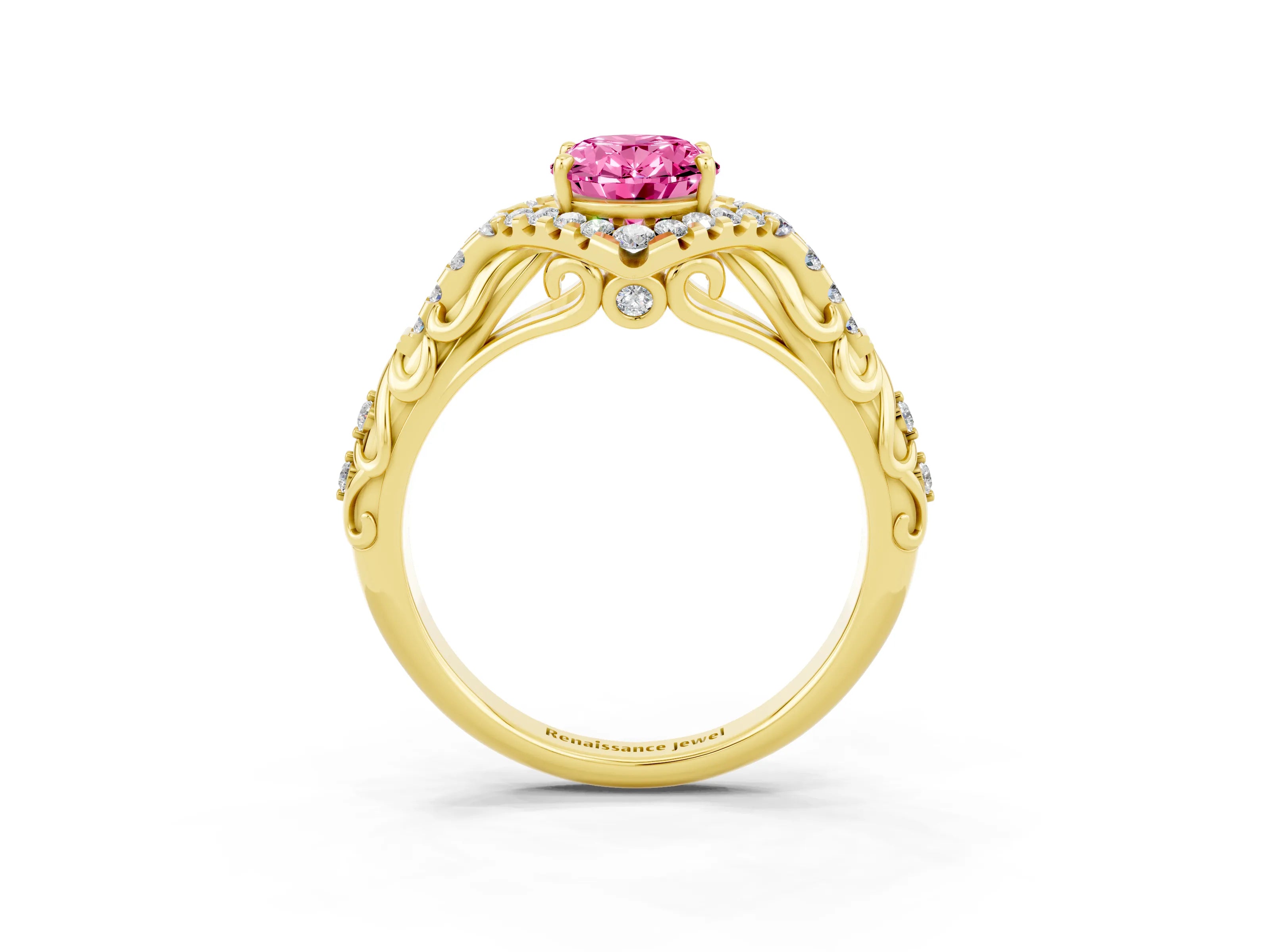 Yellow gold Oval Cut Pink Sapphire Solitaire Ring with Hidden Halo and Pavé Band_15