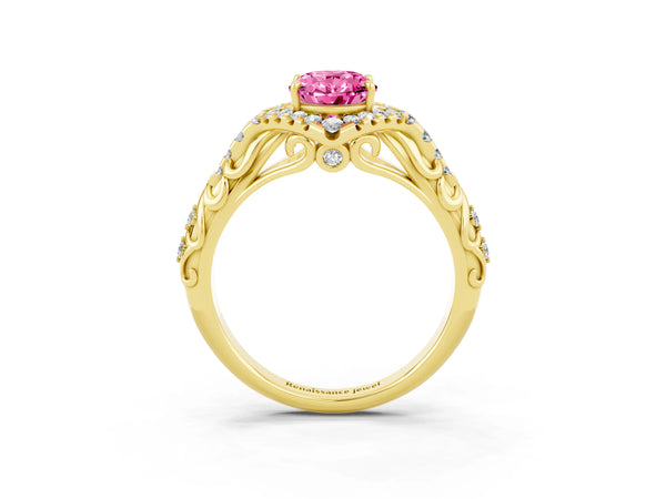 Yellow gold Oval Cut Pink Sapphire Solitaire Ring with Hidden Halo and Pavé Band