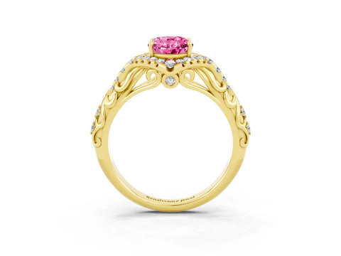 Yellow gold Oval Cut Pink Sapphire Solitaire Ring with Hidden Halo and Pavé Band_15