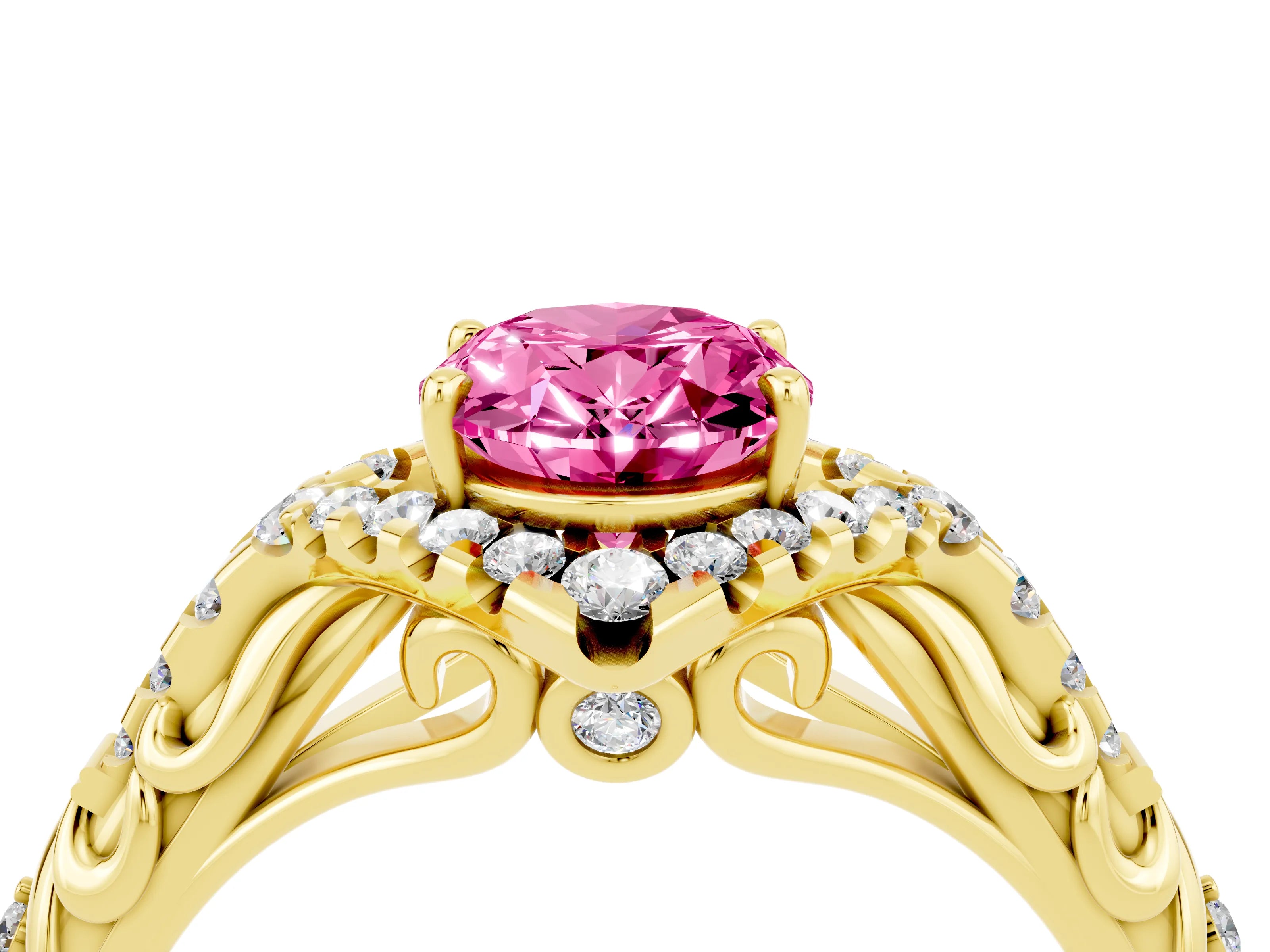 Yellow gold Oval Cut Pink Sapphire Solitaire Ring with Hidden Halo and Pavé Band_16