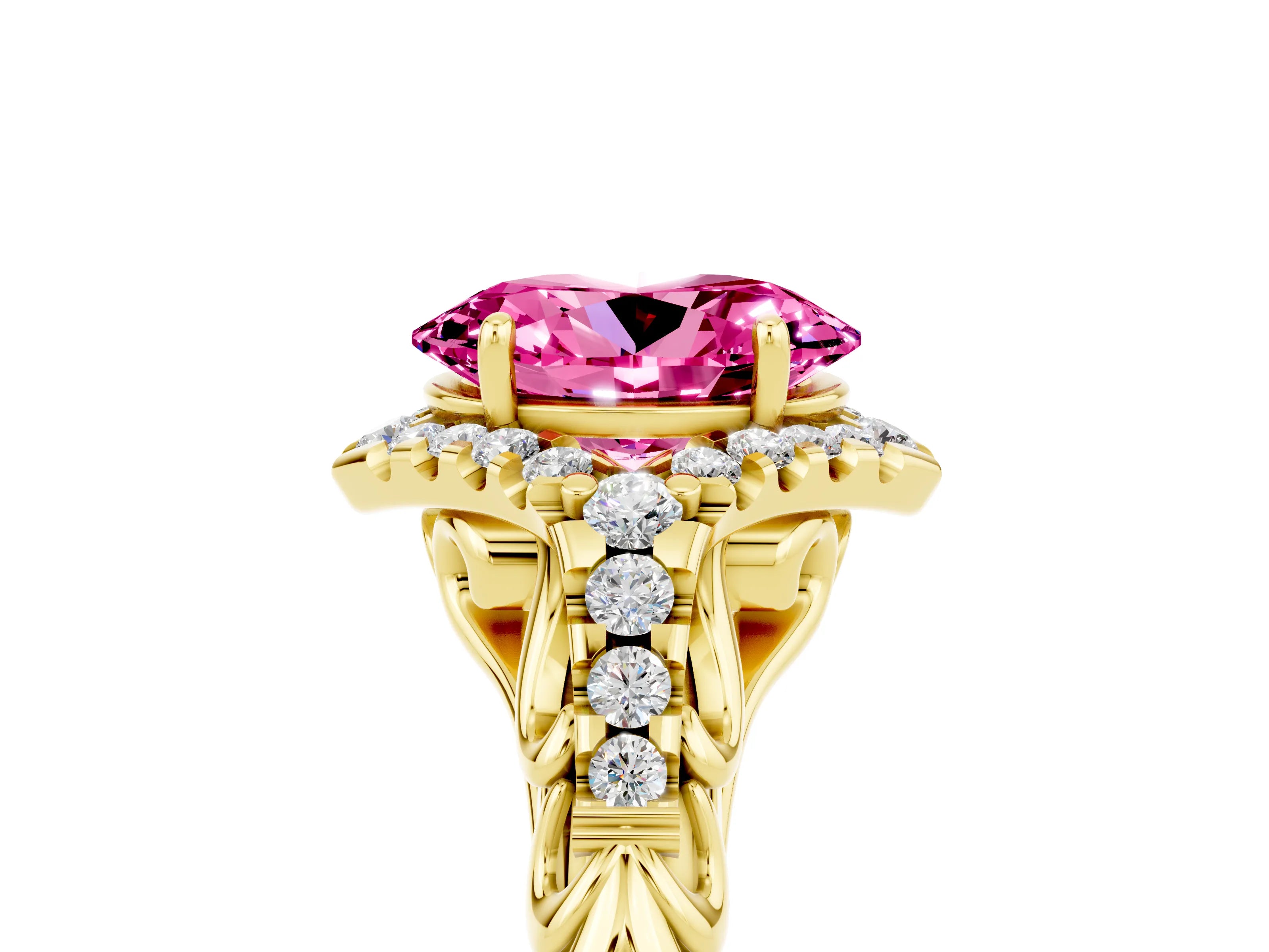 Yellow gold Oval Cut Pink Sapphire Solitaire Ring with Hidden Halo and Pavé Band_17