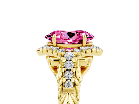 Yellow gold Oval Cut Pink Sapphire Solitaire Ring with Hidden Halo and Pavé Band_17