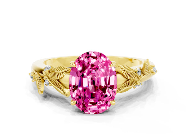 Yellow gold Oval Cut Pink Sapphire Solitaire Ring with Leaf Motif Band and Four-Prong Setting