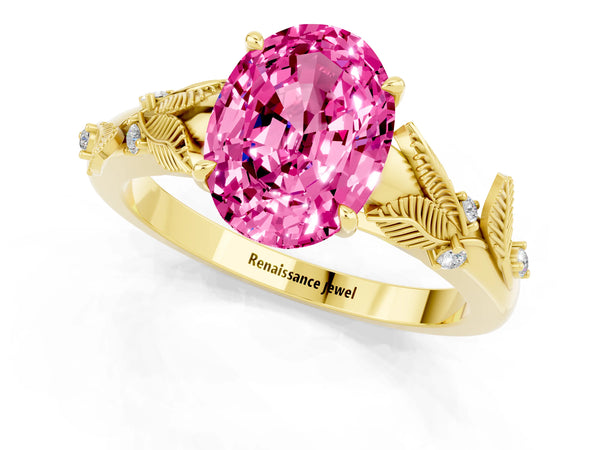 Yellow gold Oval Cut Pink Sapphire Solitaire Ring with Leaf Motif Band and Four-Prong Setting