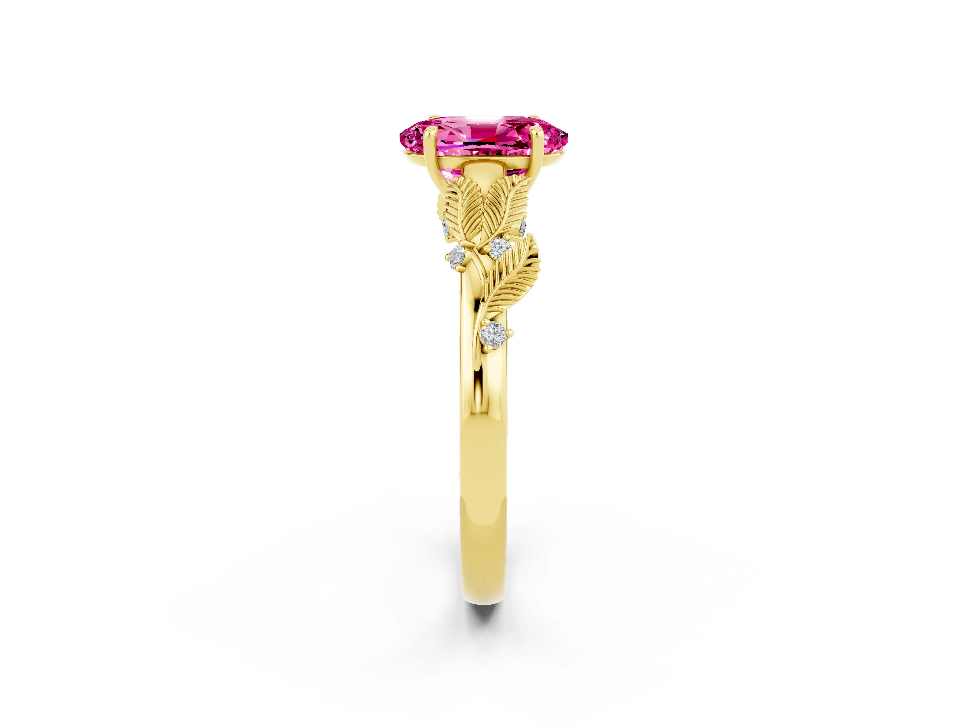 Yellow gold Oval Cut Pink Sapphire Solitaire Ring with Leaf Motif Band and Four-Prong Setting_2