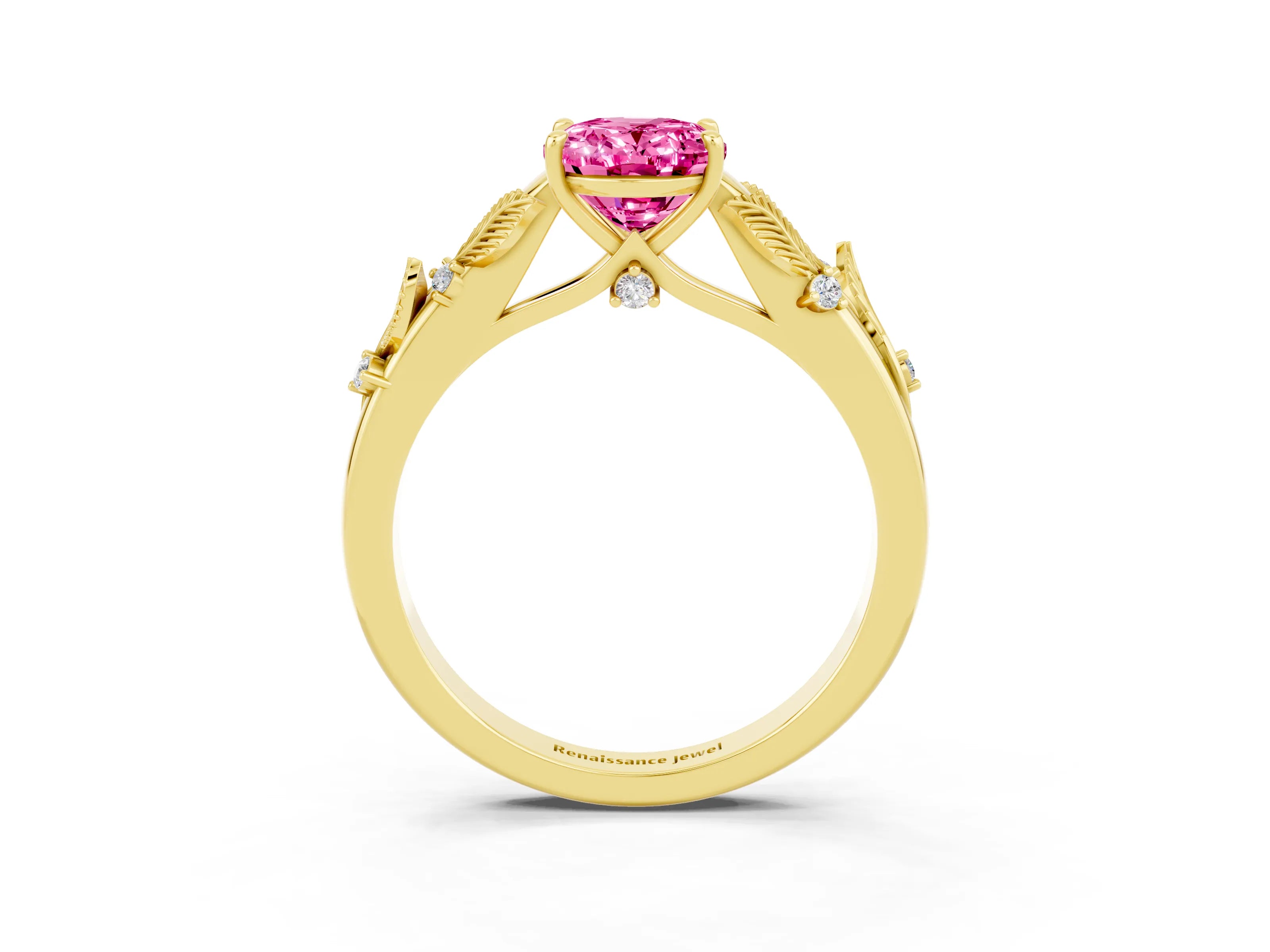 Yellow gold Oval Cut Pink Sapphire Solitaire Ring with Leaf Motif Band and Four-Prong Setting_3