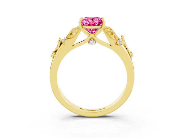 Yellow gold Oval Cut Pink Sapphire Solitaire Ring with Leaf Motif Band and Four-Prong Setting