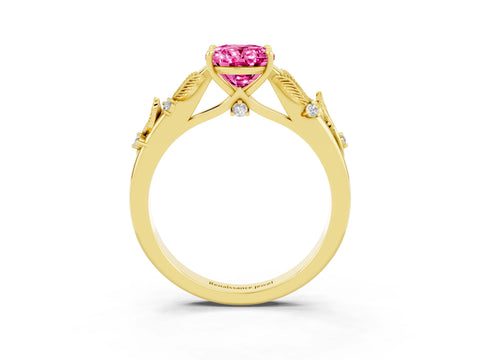 Yellow gold Oval Cut Pink Sapphire Solitaire Ring with Leaf Motif Band and Four-Prong Setting_3