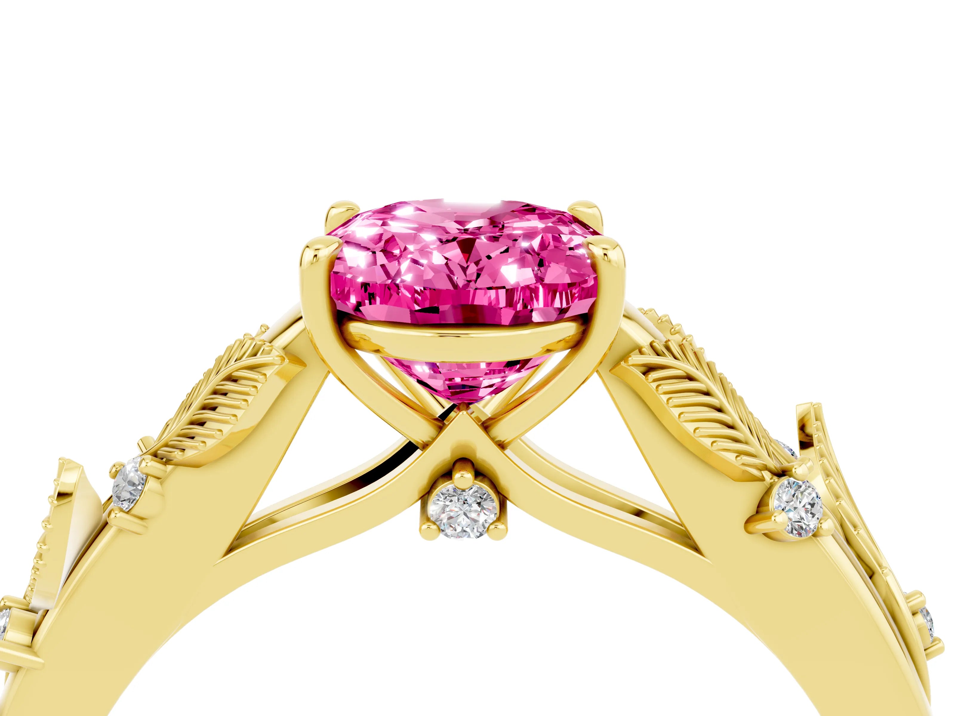 Yellow gold Oval Cut Pink Sapphire Solitaire Ring with Leaf Motif Band and Four-Prong Setting_4