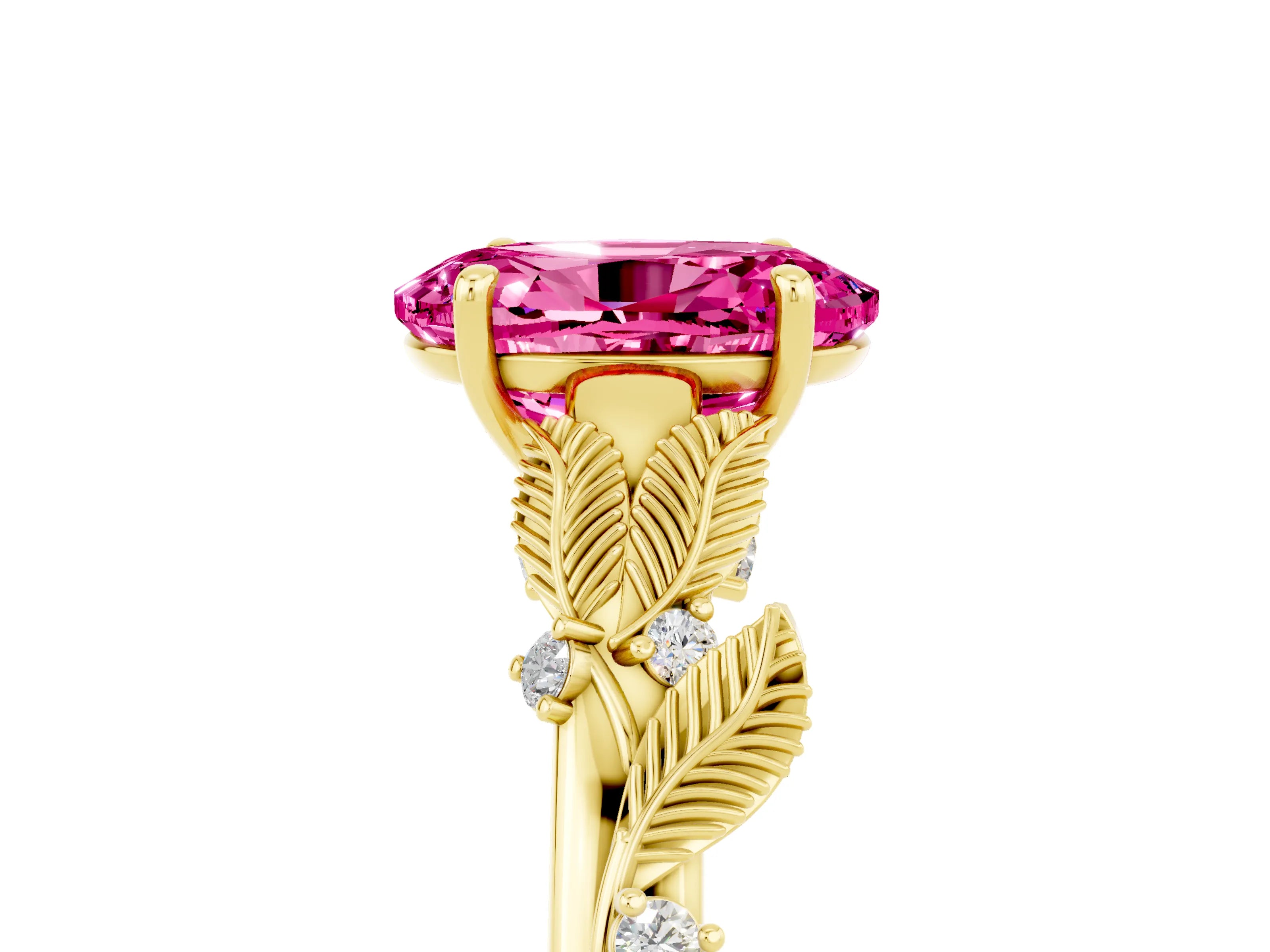 Yellow gold Oval Cut Pink Sapphire Solitaire Ring with Leaf Motif Band and Four-Prong Setting_5