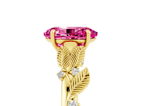Yellow gold Oval Cut Pink Sapphire Solitaire Ring with Leaf Motif Band and Four-Prong Setting_5