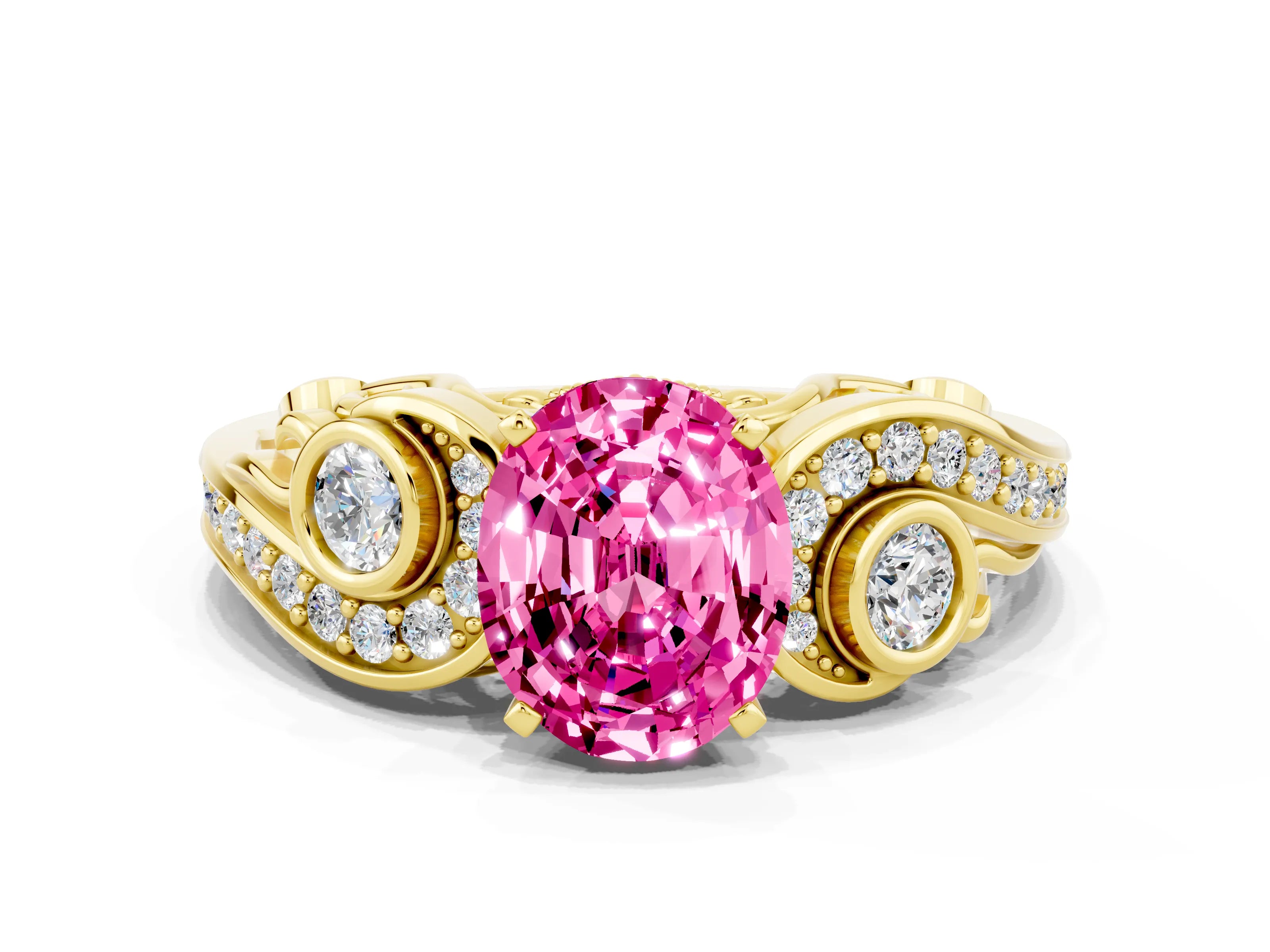 Yellow gold Oval Cut Pink Sapphire Solitaire Ring with Milgrain Pavé Band and Four-Prong Setting_24