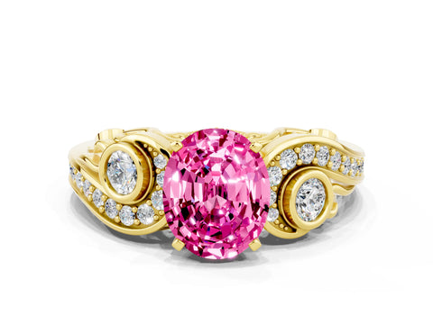 Yellow gold Oval Cut Pink Sapphire Solitaire Ring with Milgrain Pavé Band and Four-Prong Setting_24