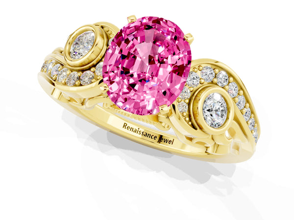 Yellow gold Oval Cut Pink Sapphire Solitaire Ring with Milgrain Pavé Band and Four-Prong Setting