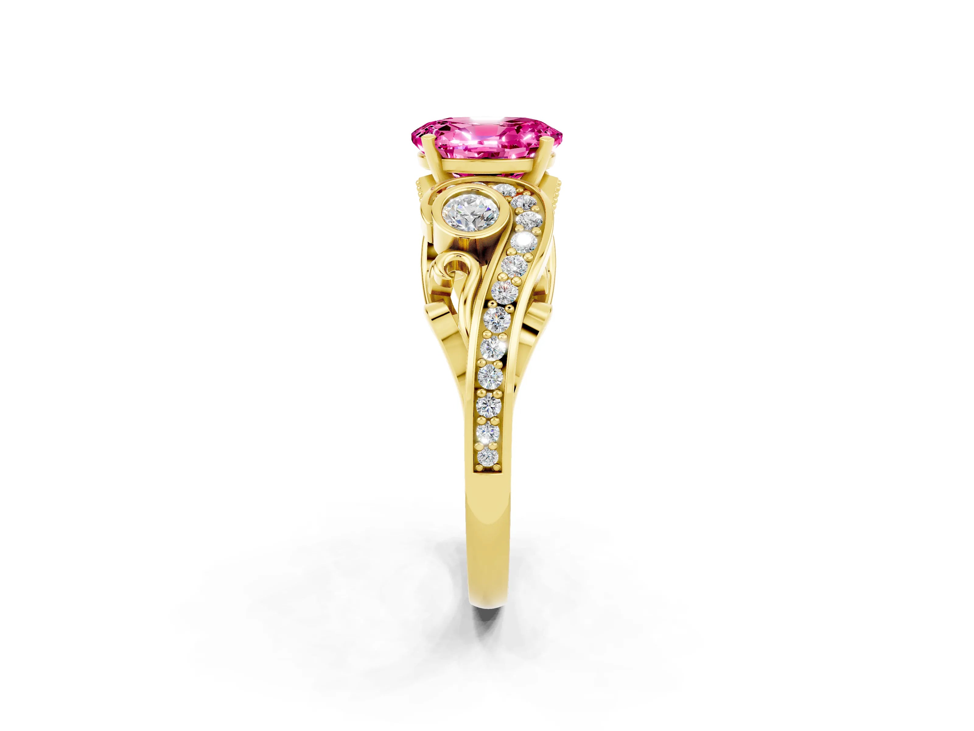 Yellow gold Oval Cut Pink Sapphire Solitaire Ring with Milgrain Pavé Band and Four-Prong Setting_26