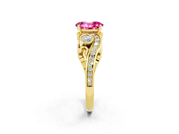 Yellow gold Oval Cut Pink Sapphire Solitaire Ring with Milgrain Pavé Band and Four-Prong Setting