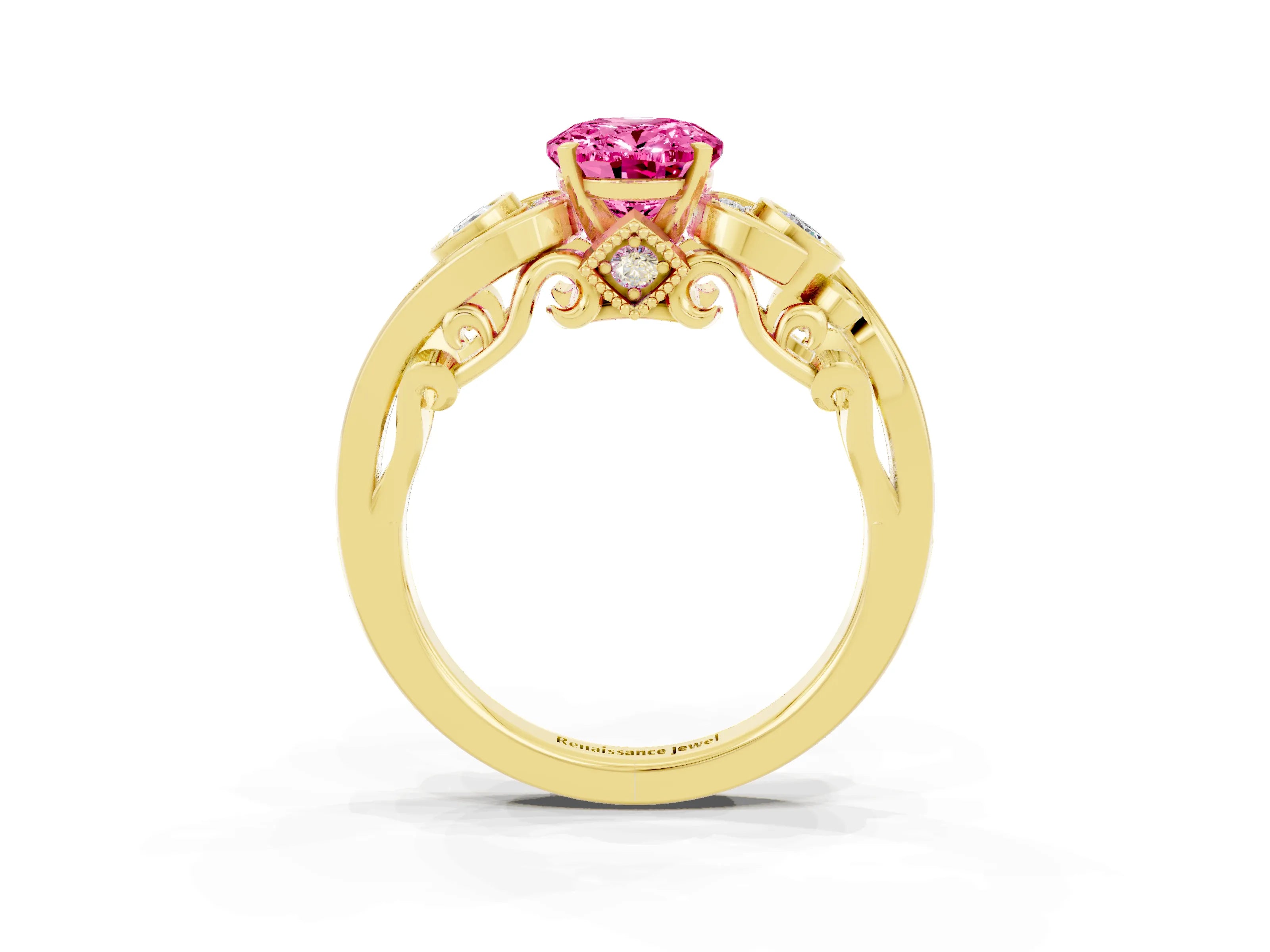 Yellow gold Oval Cut Pink Sapphire Solitaire Ring with Milgrain Pavé Band and Four-Prong Setting_27
