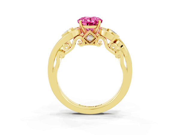 Yellow gold Oval Cut Pink Sapphire Solitaire Ring with Milgrain Pavé Band and Four-Prong Setting