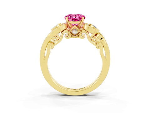 Yellow gold Oval Cut Pink Sapphire Solitaire Ring with Milgrain Pavé Band and Four-Prong Setting_27