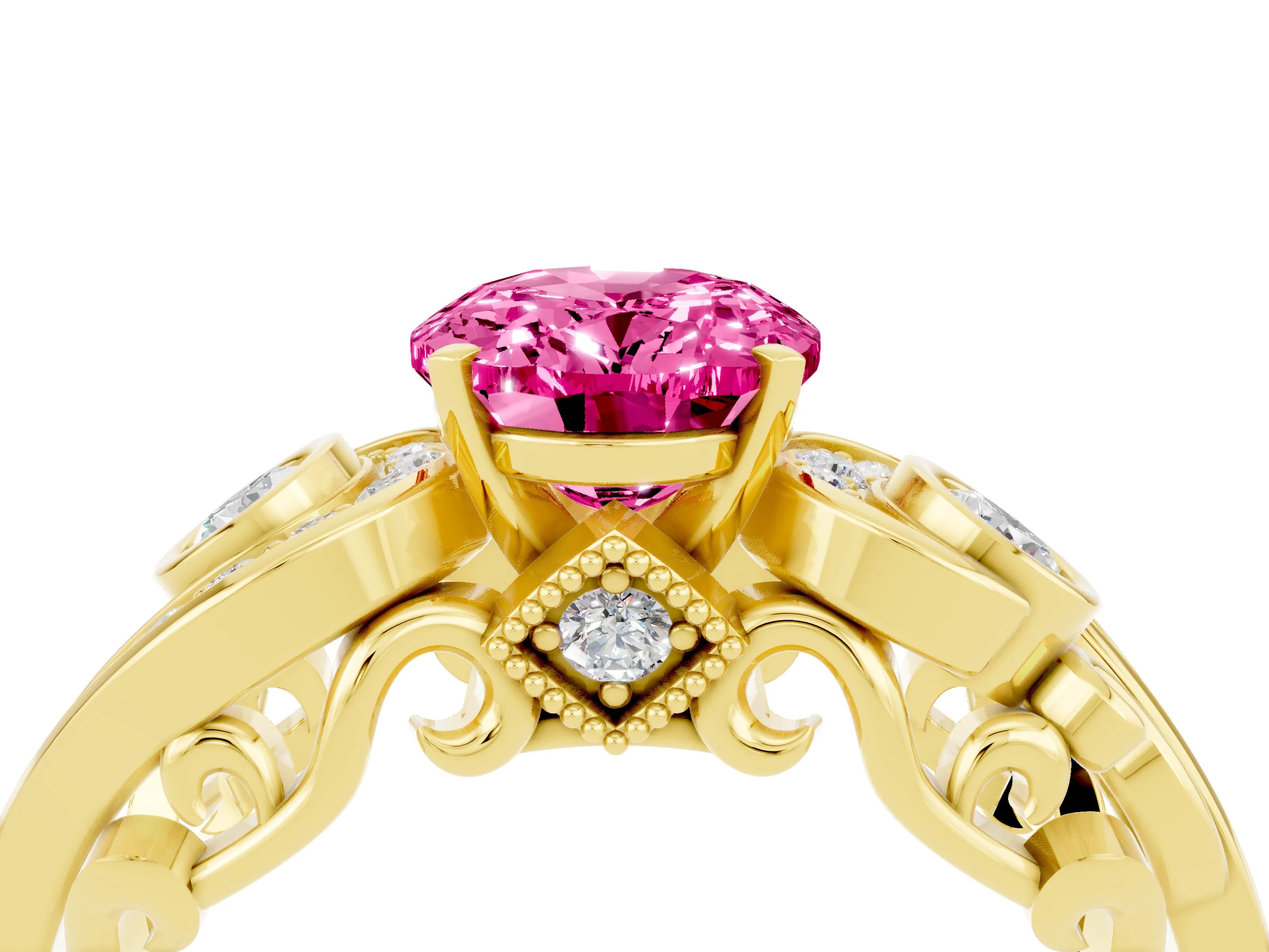 Yellow gold Oval Cut Pink Sapphire Solitaire Ring with Milgrain Pavé Band and Four-Prong Setting_28