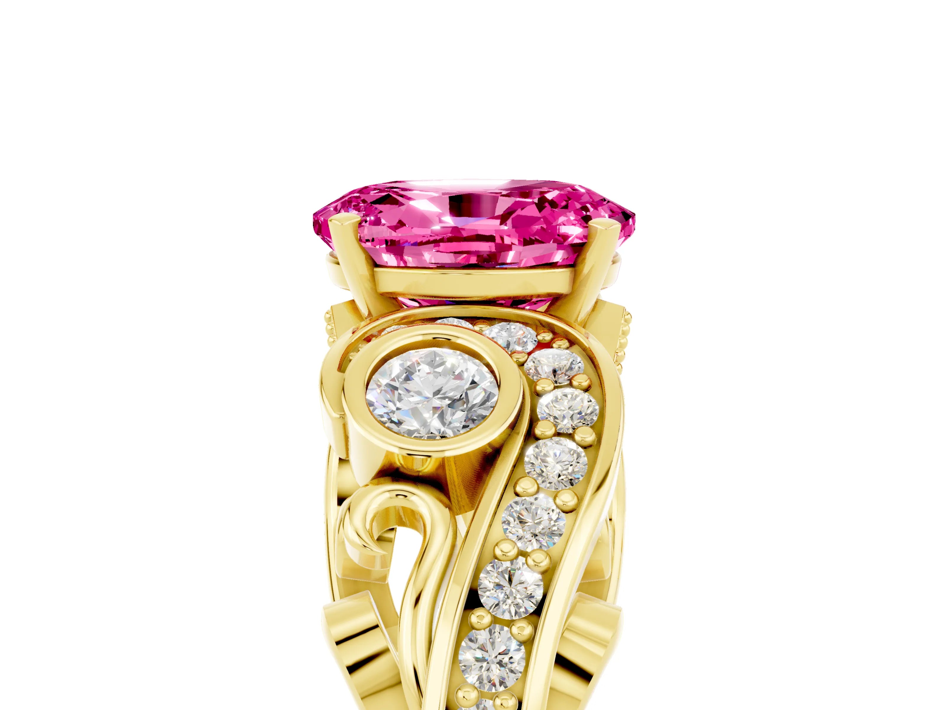 Yellow gold Oval Cut Pink Sapphire Solitaire Ring with Milgrain Pavé Band and Four-Prong Setting_29