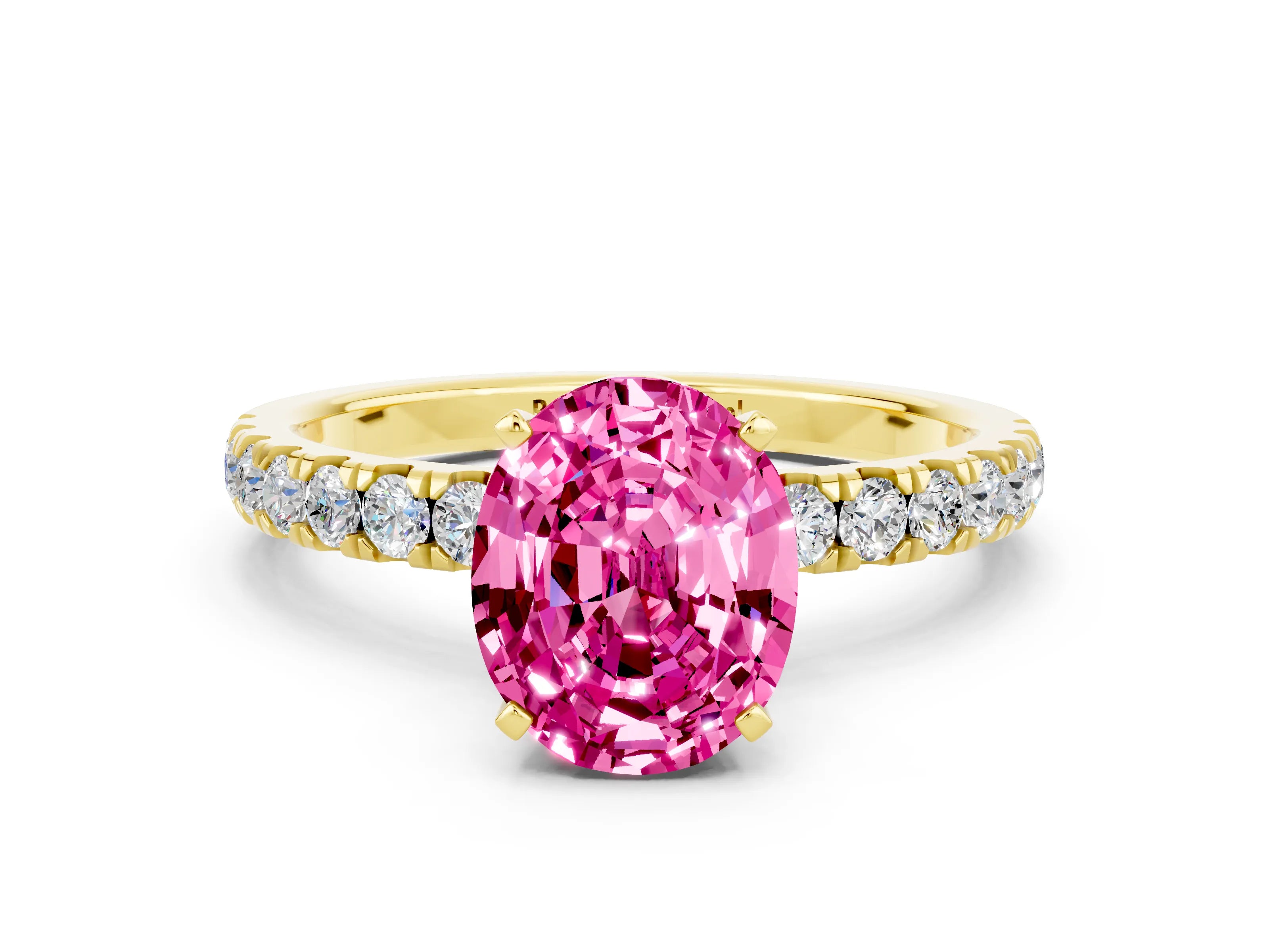 Yellow gold Oval Cut Pink Sapphire Solitaire Ring with Pavé Accents and Four-Prong Setting_24