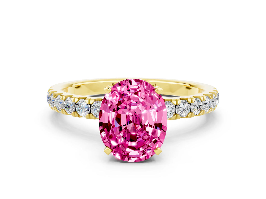 Yellow gold Oval Cut Pink Sapphire Solitaire Ring with Pavé Accents and Four-Prong Setting_24