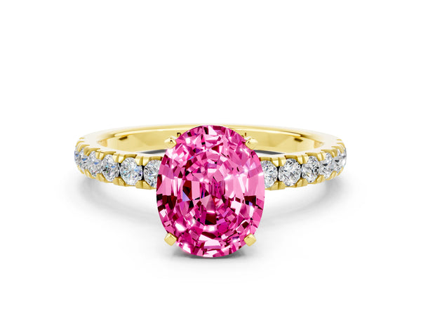 Yellow gold Oval Cut Pink Sapphire Solitaire Ring with Pavé Accents and Four-Prong Setting