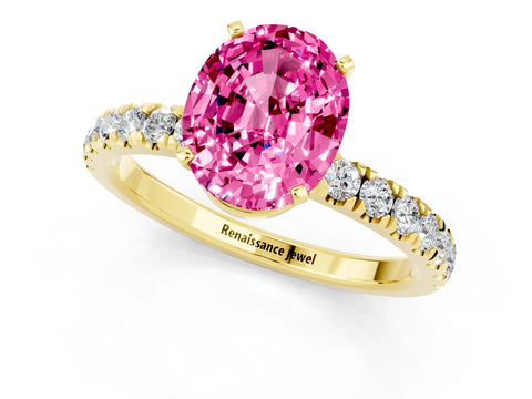Yellow gold Oval Cut Pink Sapphire Solitaire Ring with Pavé Accents and Four-Prong Setting_25