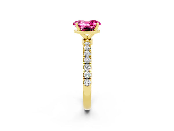 Yellow gold Oval Cut Pink Sapphire Solitaire Ring with Pavé Accents and Four-Prong Setting