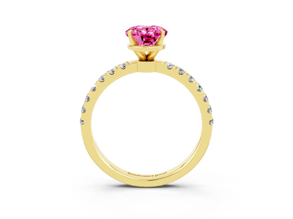 Yellow gold Oval Cut Pink Sapphire Solitaire Ring with Pavé Accents and Four-Prong Setting