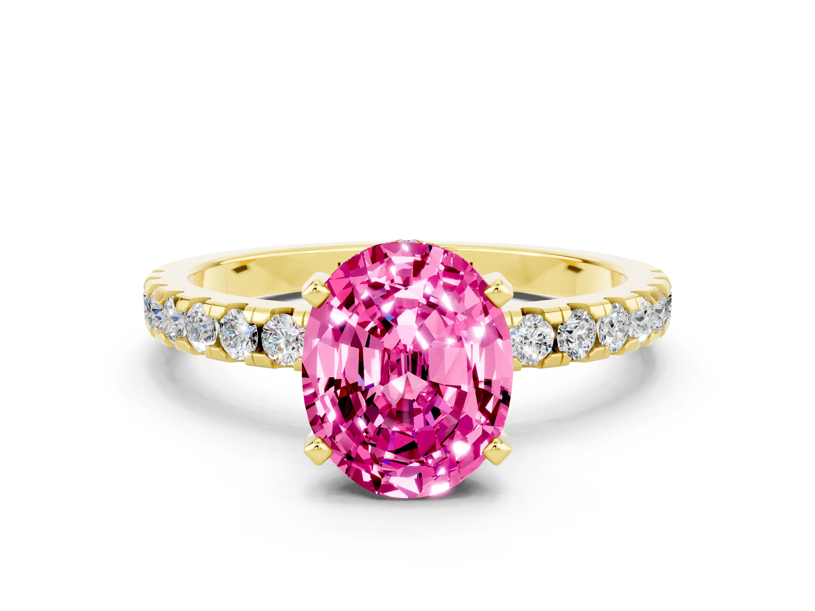 Yellow gold Oval Cut Pink Sapphire Solitaire Ring with Pavé Band and Four-Prong Setting_60