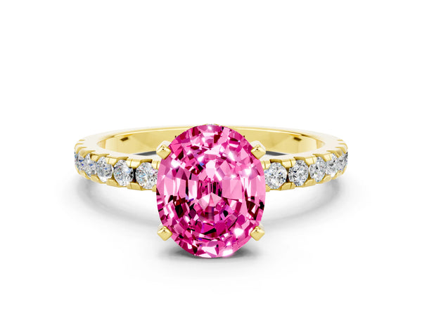 Yellow gold Oval Cut Pink Sapphire Solitaire Ring with Round  Pavé Band and Four-Prong Setting