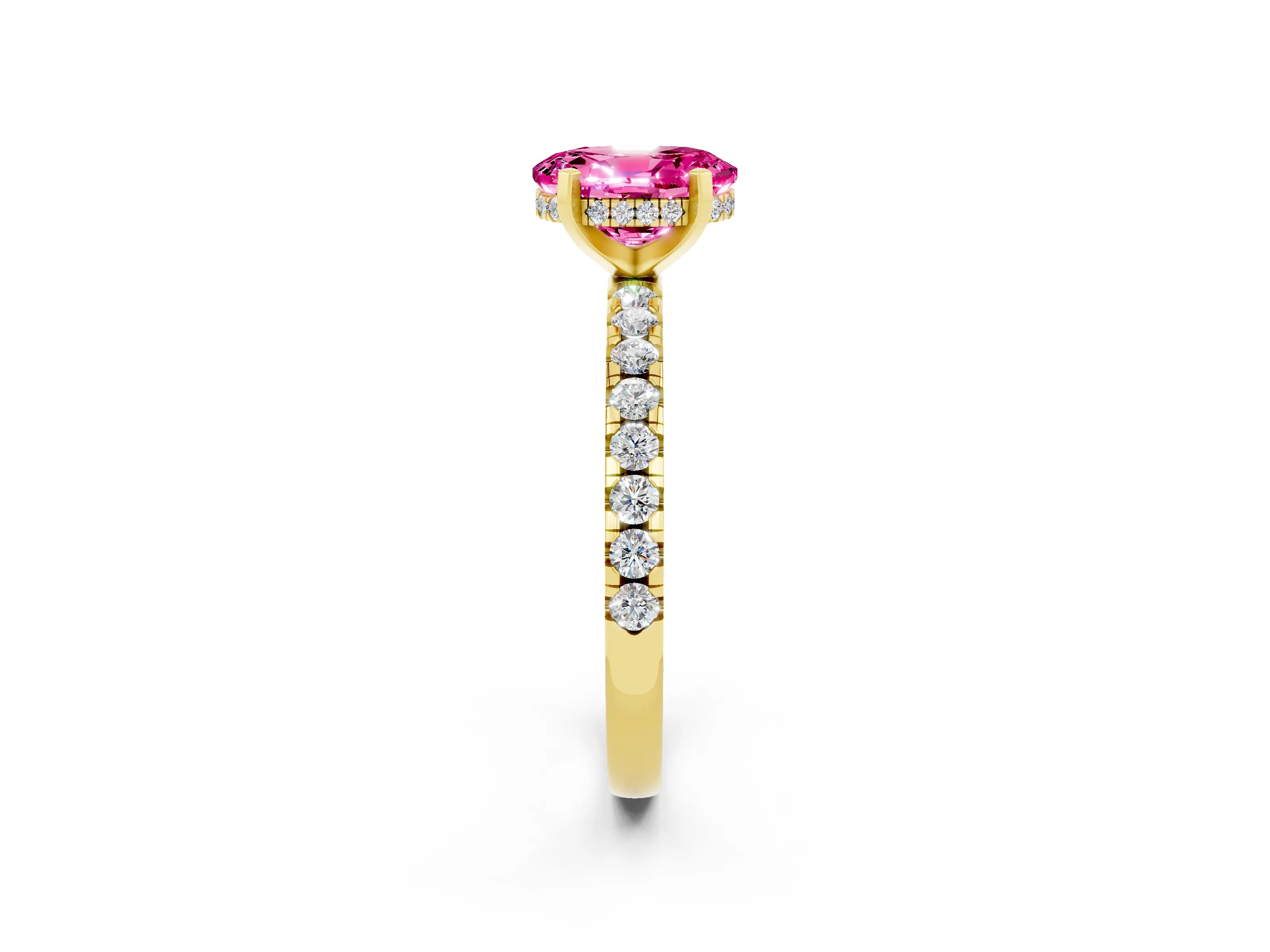 Yellow gold Oval Cut Pink Sapphire Solitaire Ring with Pavé Band and Four-Prong Setting_62