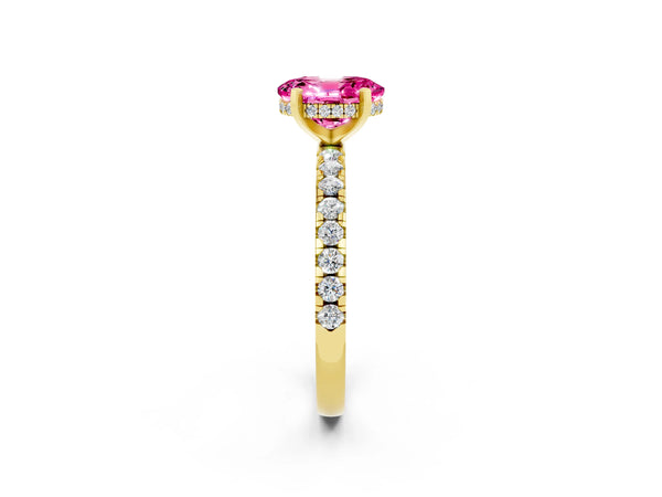 Yellow gold Oval Cut Pink Sapphire Solitaire Ring with Round  Pavé Band and Four-Prong Setting