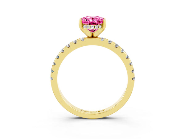 Yellow gold Oval Cut Pink Sapphire Solitaire Ring with Round  Pavé Band and Four-Prong Setting