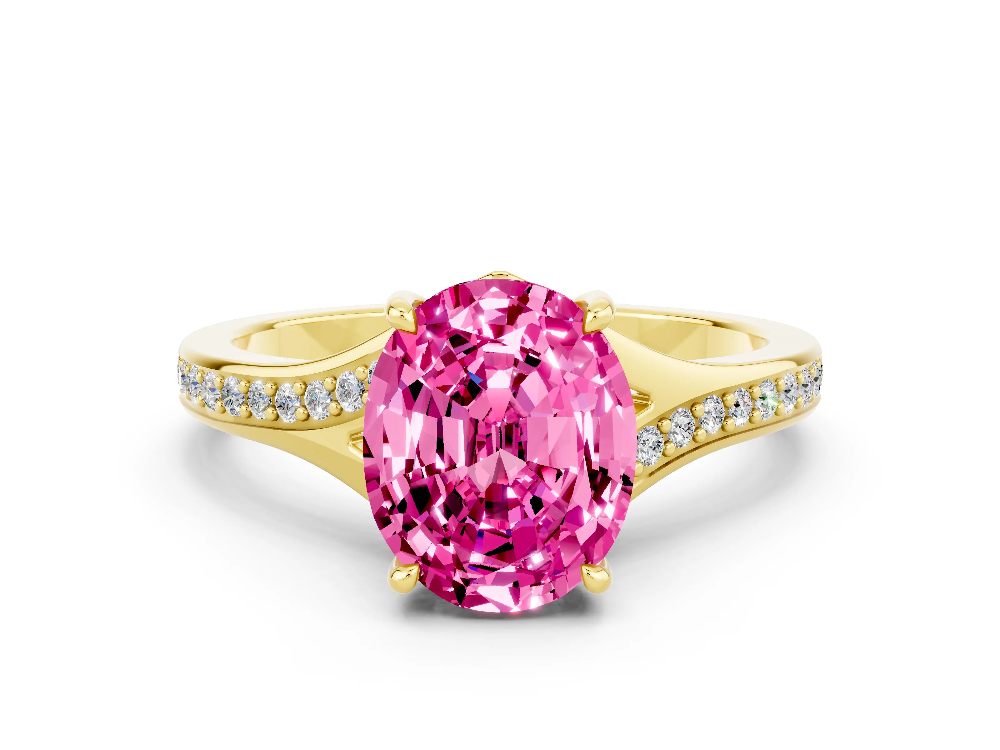 Yellow gold Oval Cut Pink Sapphire Solitaire Ring with Pavé Band and Prong Setting_12