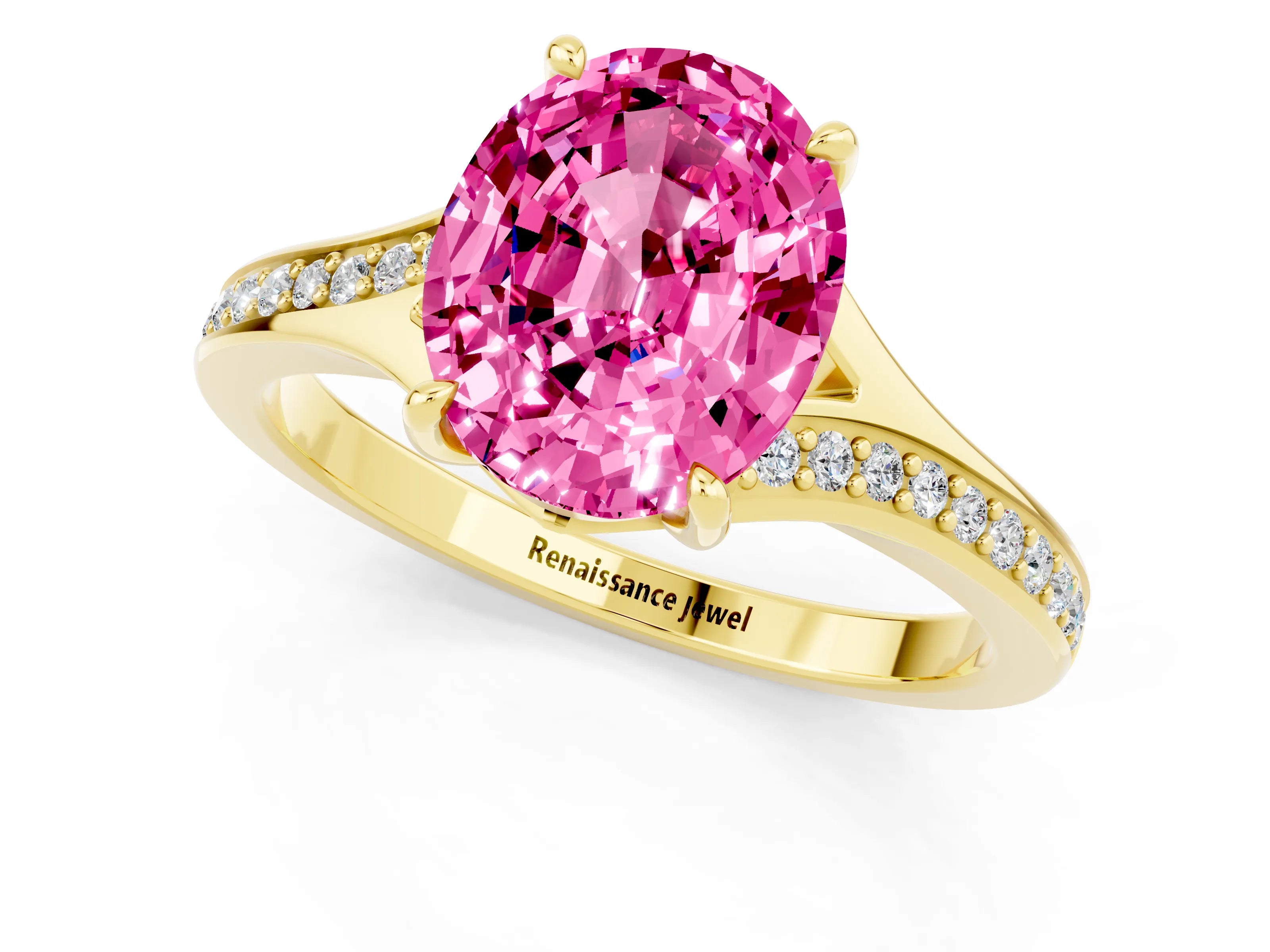 Yellow gold Oval Cut Pink Sapphire Solitaire Ring with Pavé Band and Prong Setting_13