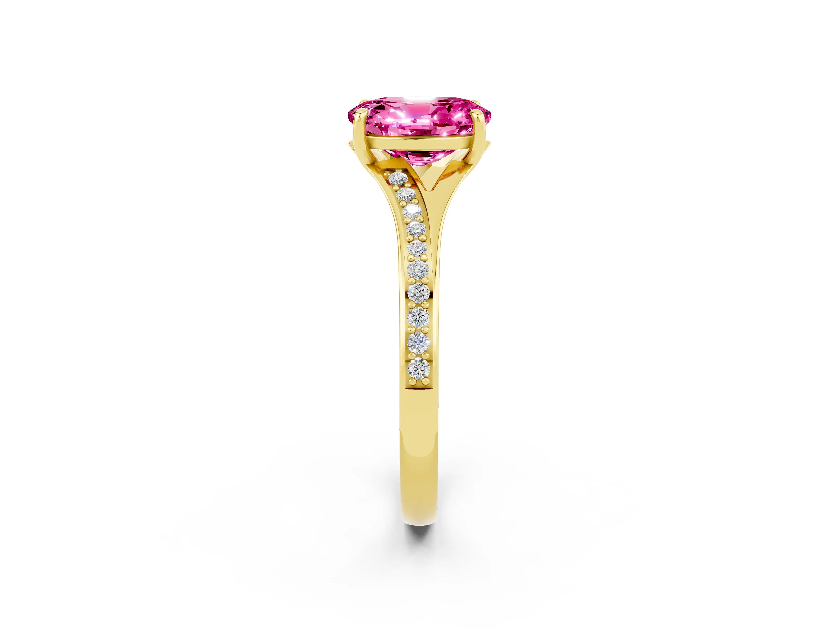 Yellow gold Oval Cut Pink Sapphire Solitaire Ring with Pavé Band and Prong Setting_14