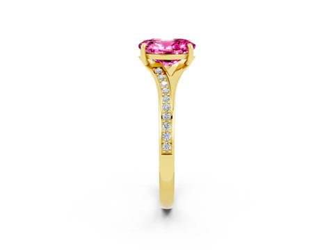 Yellow gold Oval Cut Pink Sapphire Solitaire Ring with Pavé Band and Prong Setting_14