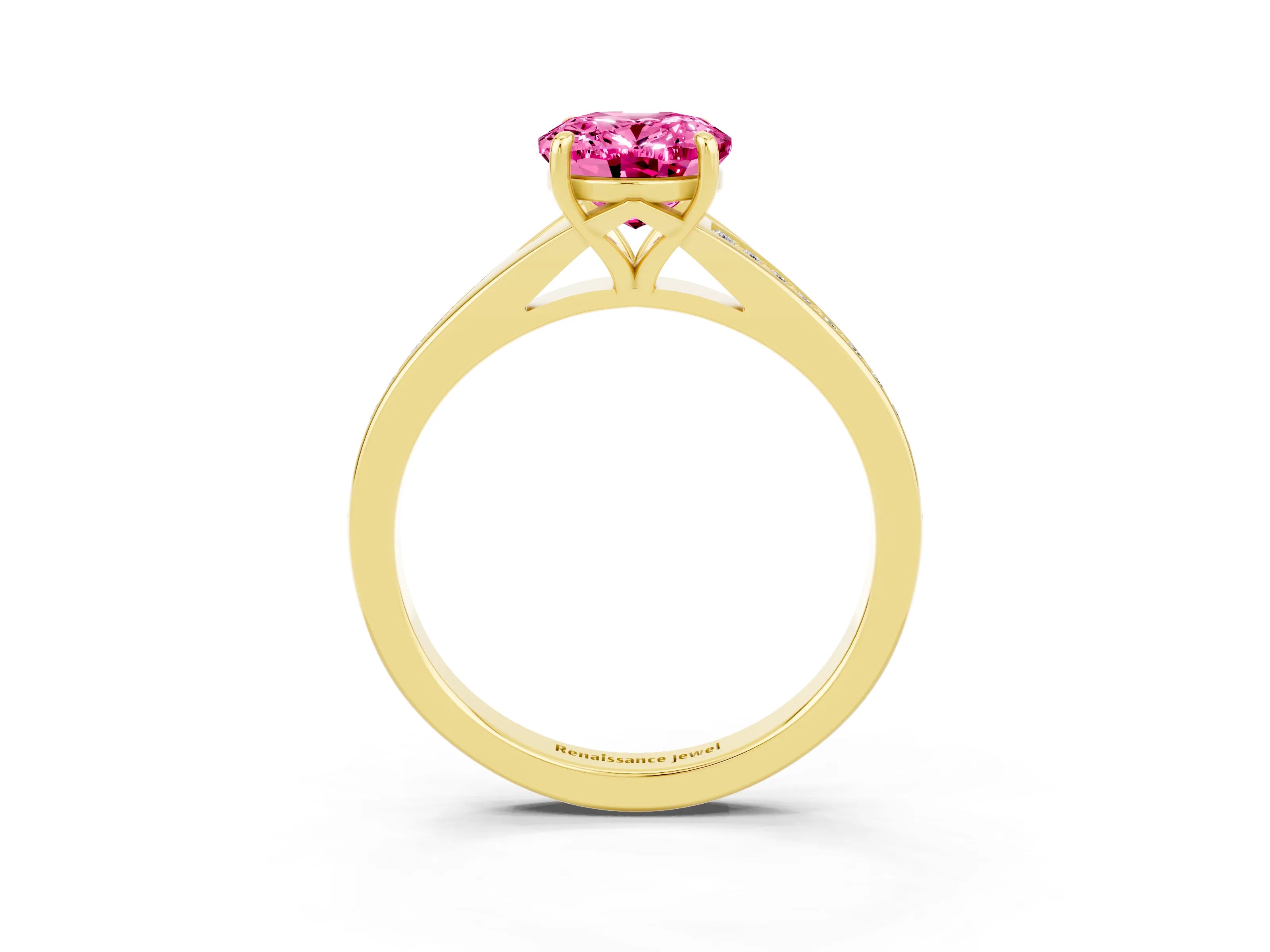 Yellow gold Oval Cut Pink Sapphire Solitaire Ring with Pavé Band and Prong Setting_15