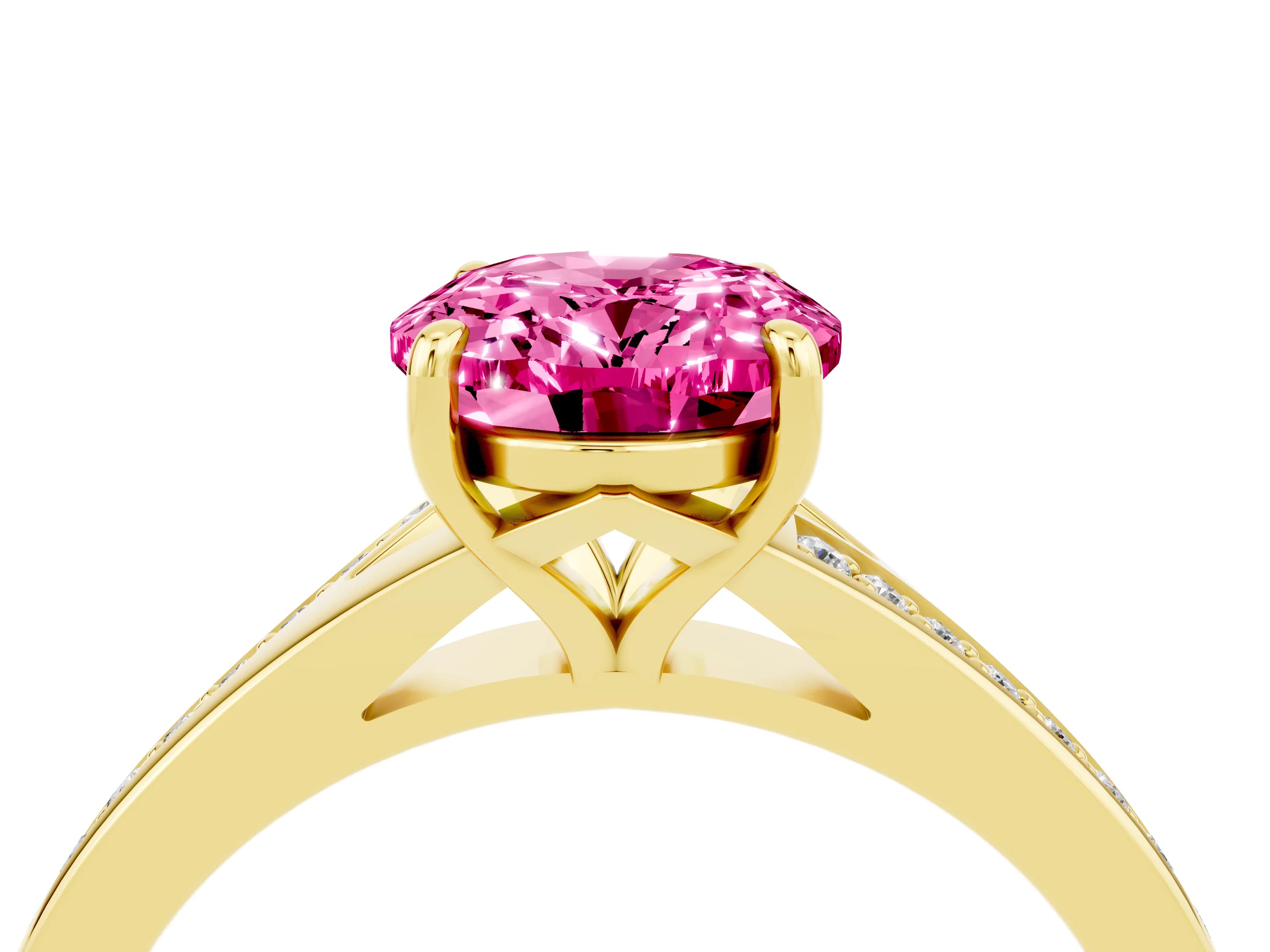 Yellow gold Oval Cut Pink Sapphire Solitaire Ring with Pavé Band and Prong Setting_16