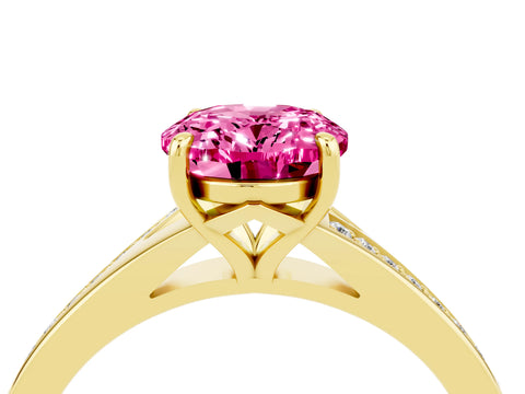 Yellow gold Oval Cut Pink Sapphire Solitaire Ring with Pavé Band and Prong Setting_16
