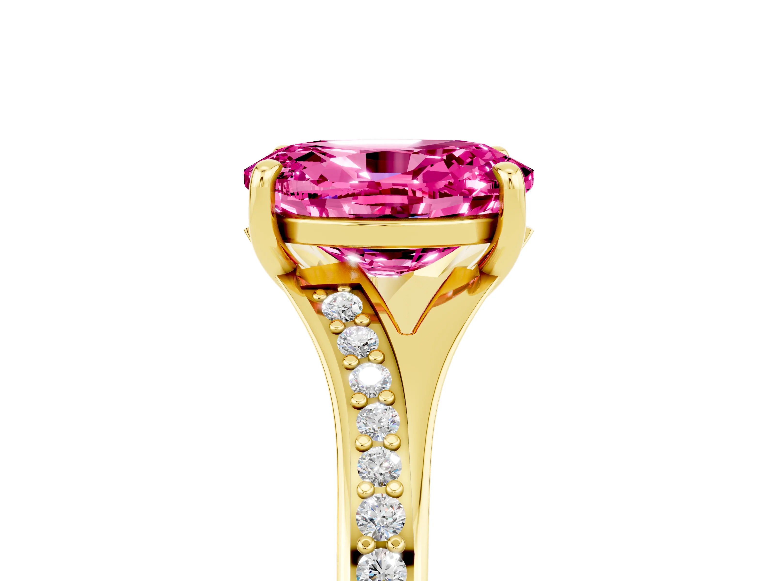 Yellow gold Oval Cut Pink Sapphire Solitaire Ring with Pavé Band and Prong Setting_17