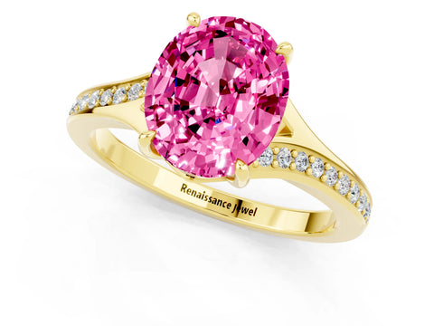 Yellow gold Oval Cut Pink Sapphire Solitaire Ring with Pavé Band and Prong Setting_1