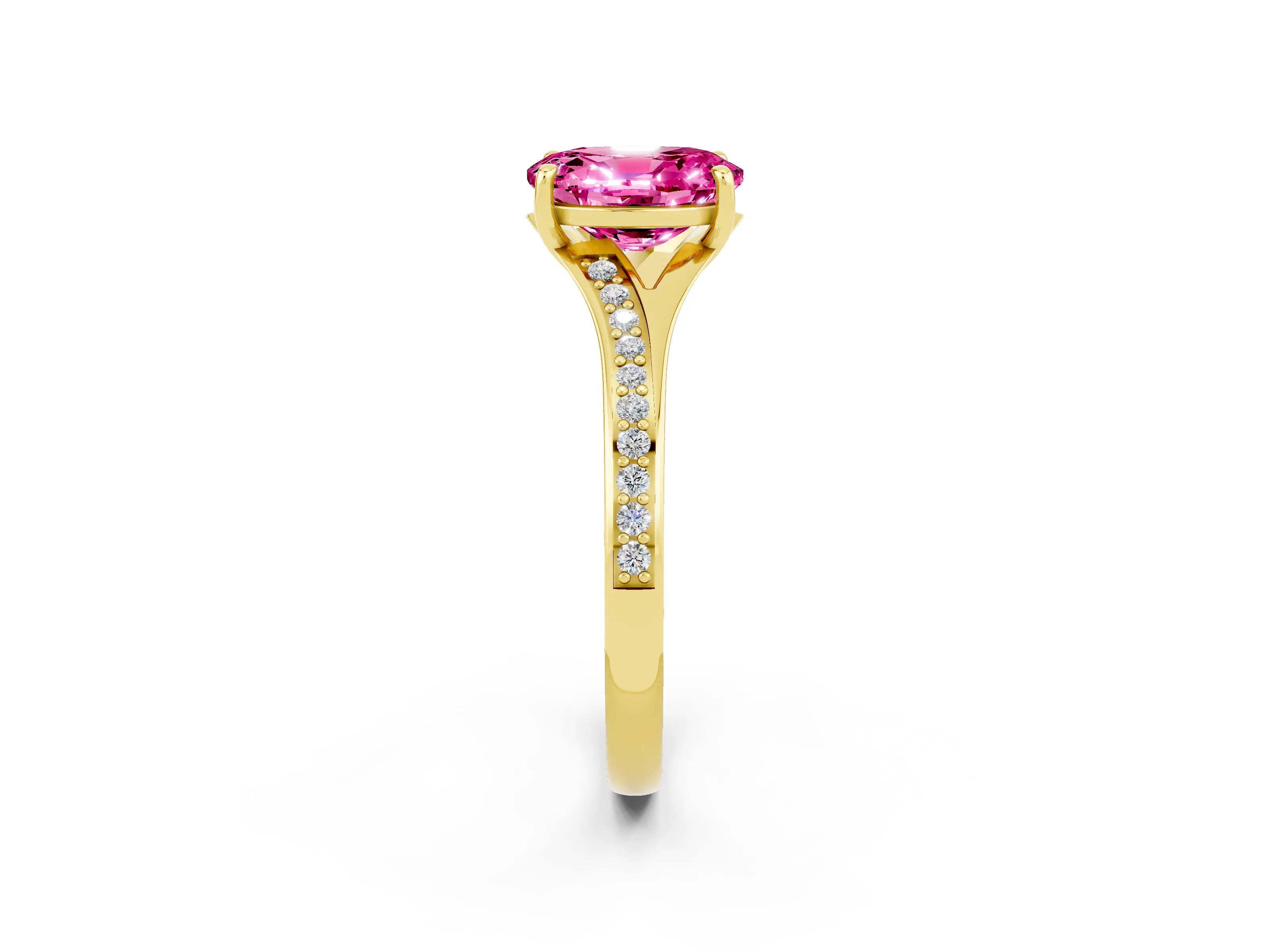 Yellow gold Oval Cut Pink Sapphire Solitaire Ring with Pavé Band and Prong Setting_2