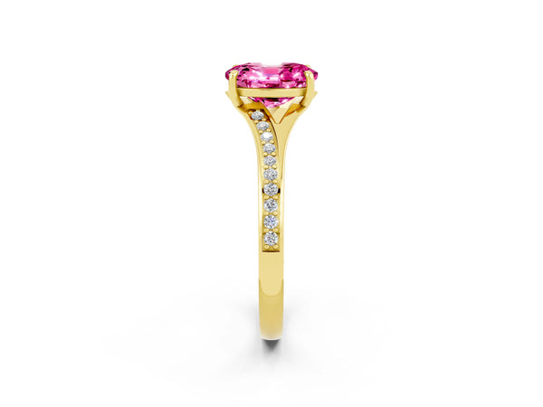 Yellow gold Oval Cut Pink Sapphire Solitaire Ring with Pavé Band and Prong Setting