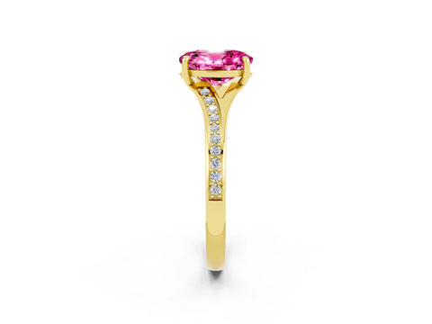 Yellow gold Oval Cut Pink Sapphire Solitaire Ring with Pavé Band and Prong Setting_2