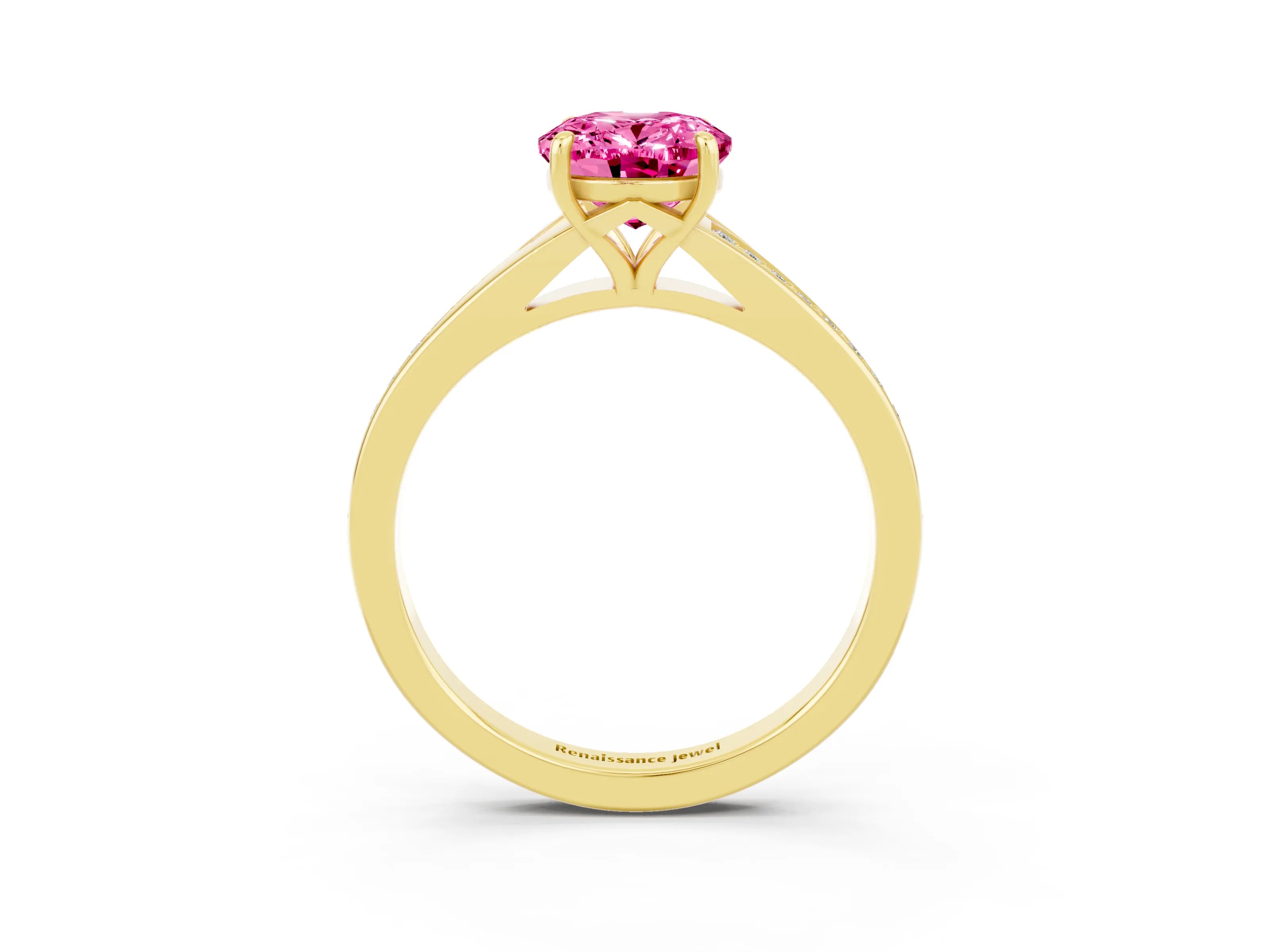 Yellow gold Oval Cut Pink Sapphire Solitaire Ring with Pavé Band and Prong Setting_3