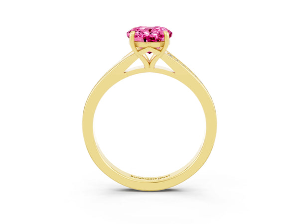 Yellow gold Oval Cut Pink Sapphire Solitaire Ring with Pavé Band and Prong Setting